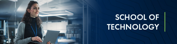 Image for School of Technology, featuring a professional woman with a laptop in a high-tech office setting.